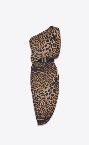 SAINT LAURENT Dresses Woman Long asymmetrical dress in crepe de chine with a leopard print a_V4